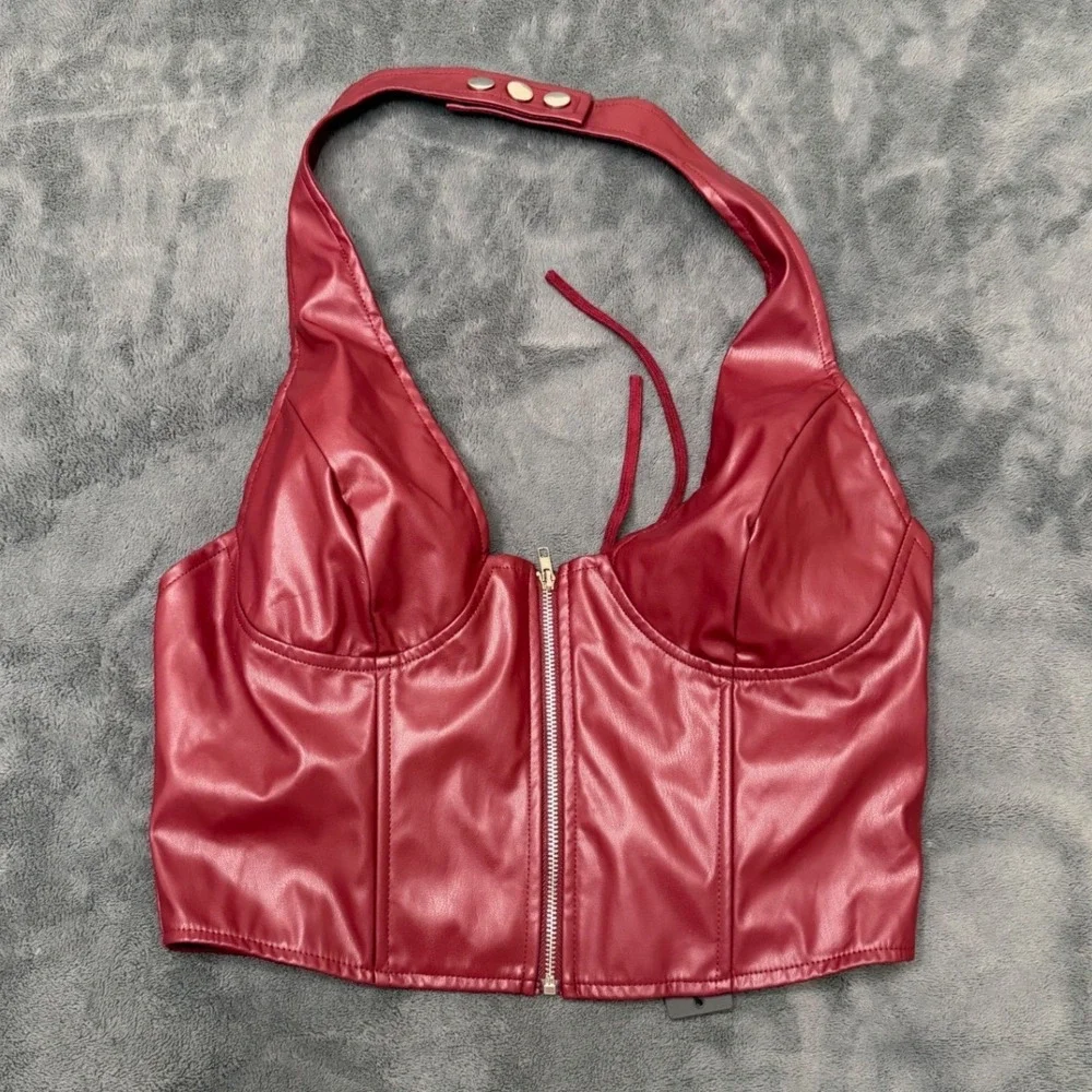 Fashion Nova Giulia PU Halter Top Womens L Burgundy NEW Faux Leather Corset Zip